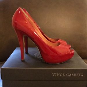 Vince Camuto red patent leather platform heels